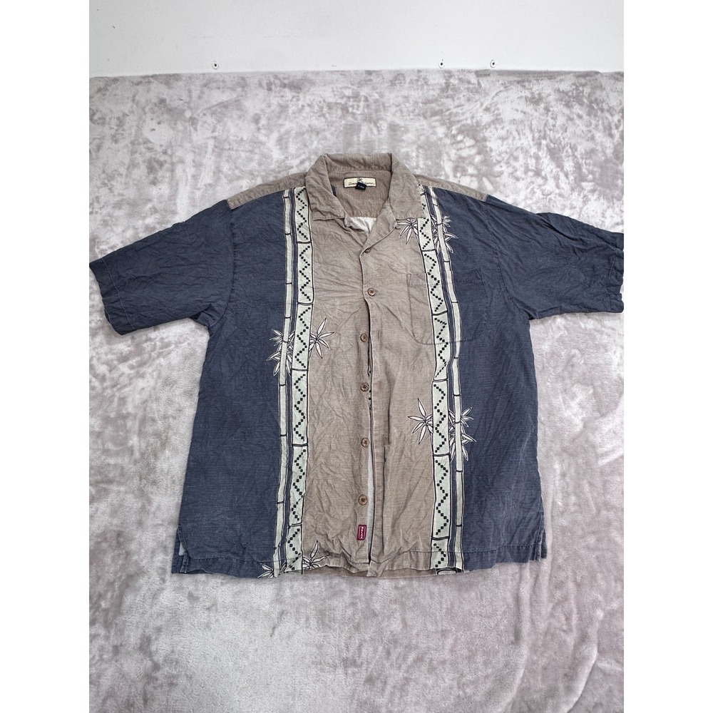 TOMMY BAHAMA Silk Camp Shirt Mens M Blue Gray Bamboo Embroidered Panel Relax S/S